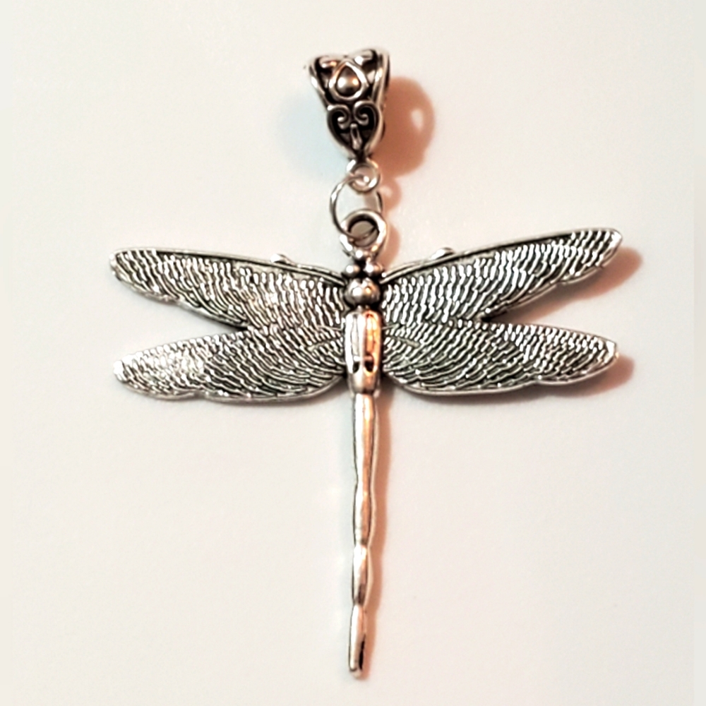 Dragonfly necklace pendant handmade large silver realistic insect bug jewelry